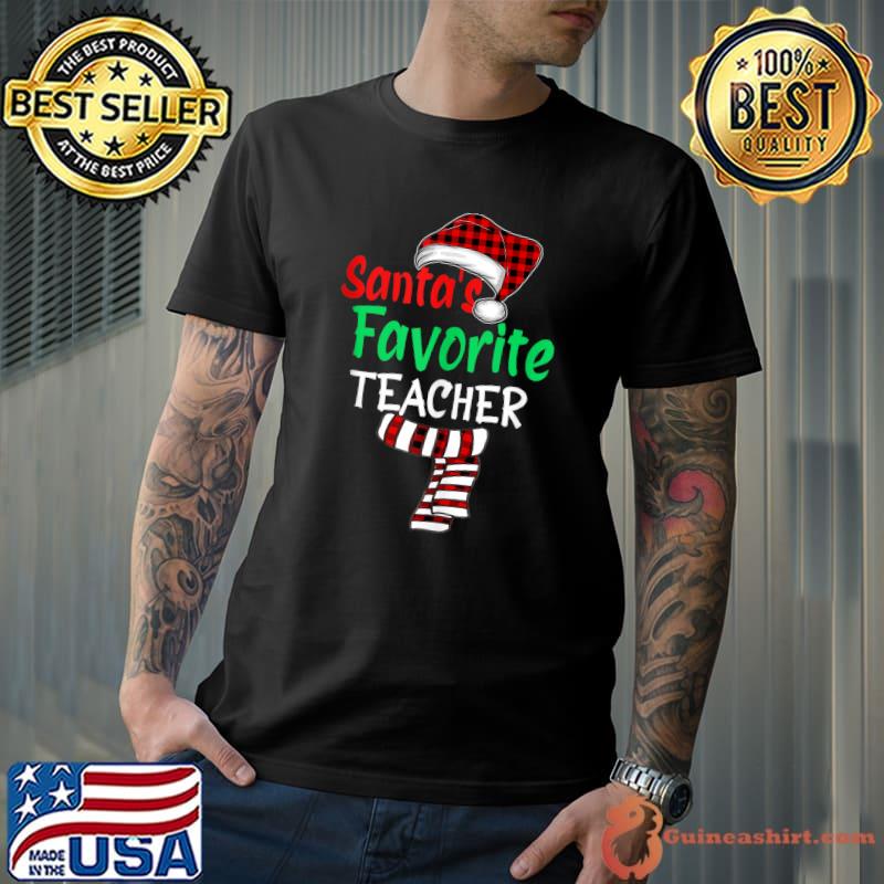 Santa's Favorite Teacher Funny Christmas Santa Red Plaid T-shirt