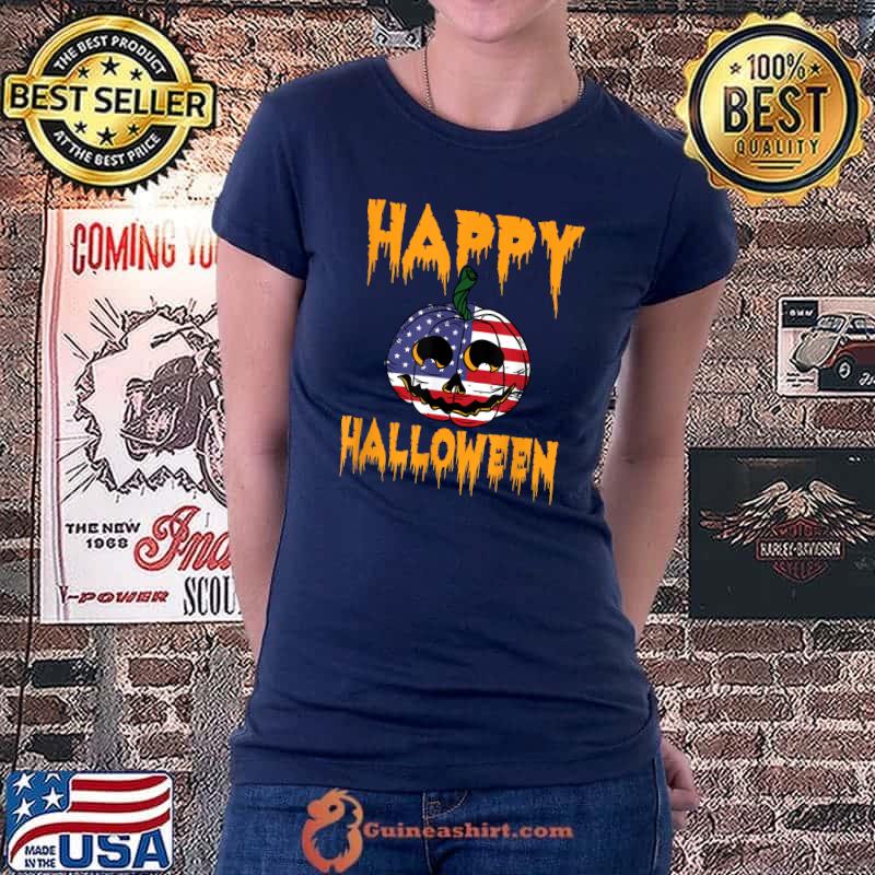 Scary Halloween Pumpkin USA flag T-Shirt Ladiestee