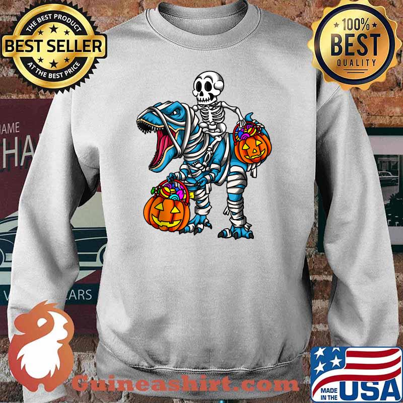 Skeleton Riding Mummy Dinosaur T Rex Halloween Pumpkin T-s Sweater