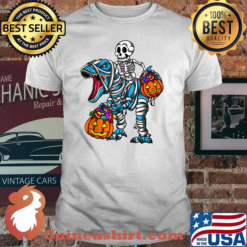 Skeleton Riding Mummy Dinosaur T Rex Halloween Pumpkin T-shirt