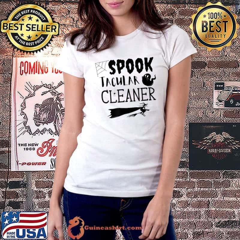 Spooktacular Cleaner Halloween Witch Broom Cleaning Lady Fun T-Shirt Ladiestee