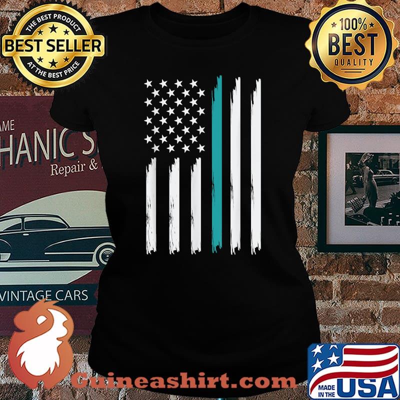 Teal American Flag with Dog Tags Veteran PTSD Awareness T-Shirt Laides tee