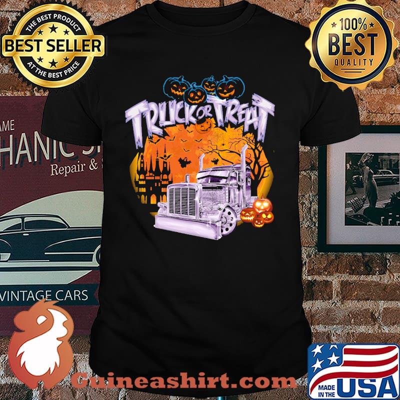 Truck or treat trucker pumpkin scary blood moon halloween shirt