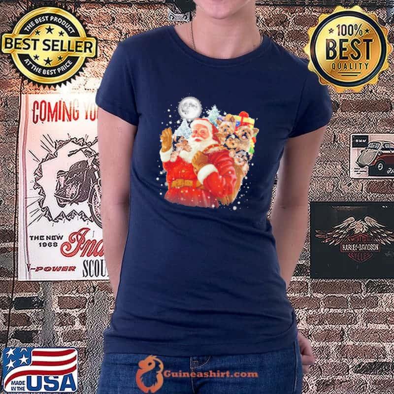 Yorkshire Terriers In Santa's Gift Bag Christmas Shirt Ladiestee