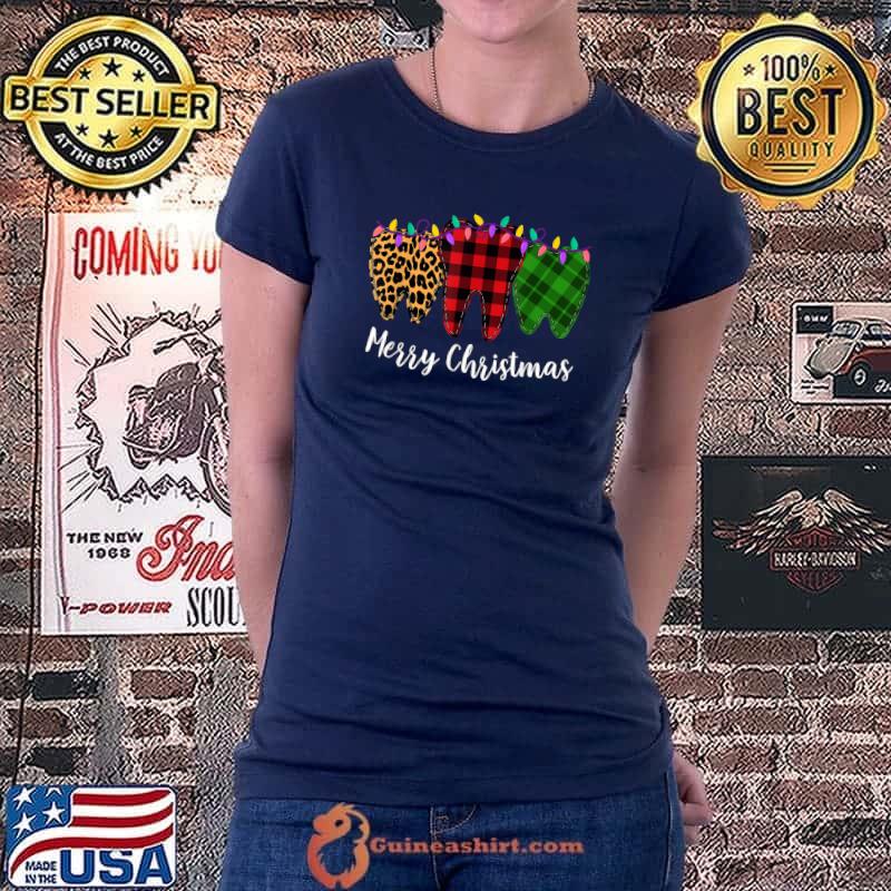 Awesome christmas Tooth Dentist Dental Assistant Teeth Leopard Plaid T-Shirt Ladiestee