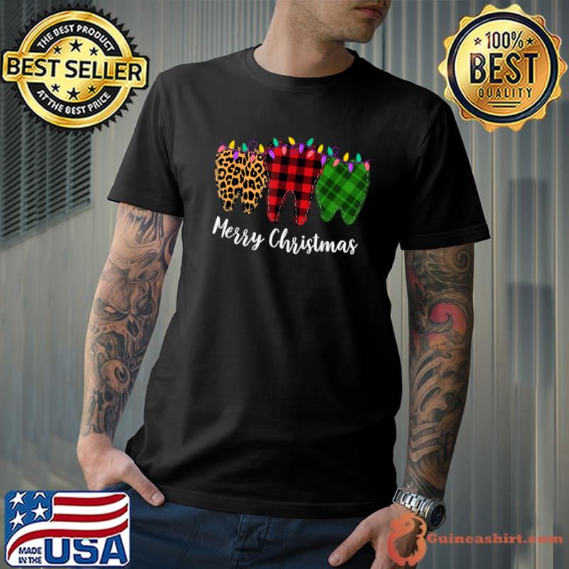 Awesome christmas Tooth Dentist Dental Assistant Teeth Leopard Plaid T-Shirt