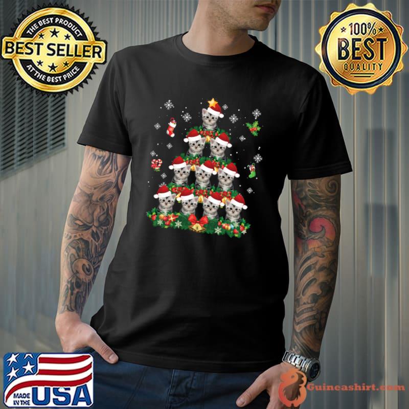 Best merry Christmas American Shorthair Cat Santa Tree Pajama T-Shirt