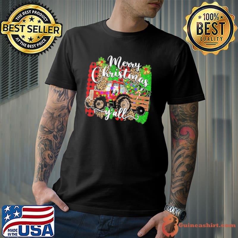 Best Merry christmas y'all plaid farmer tractor light christmas shirt