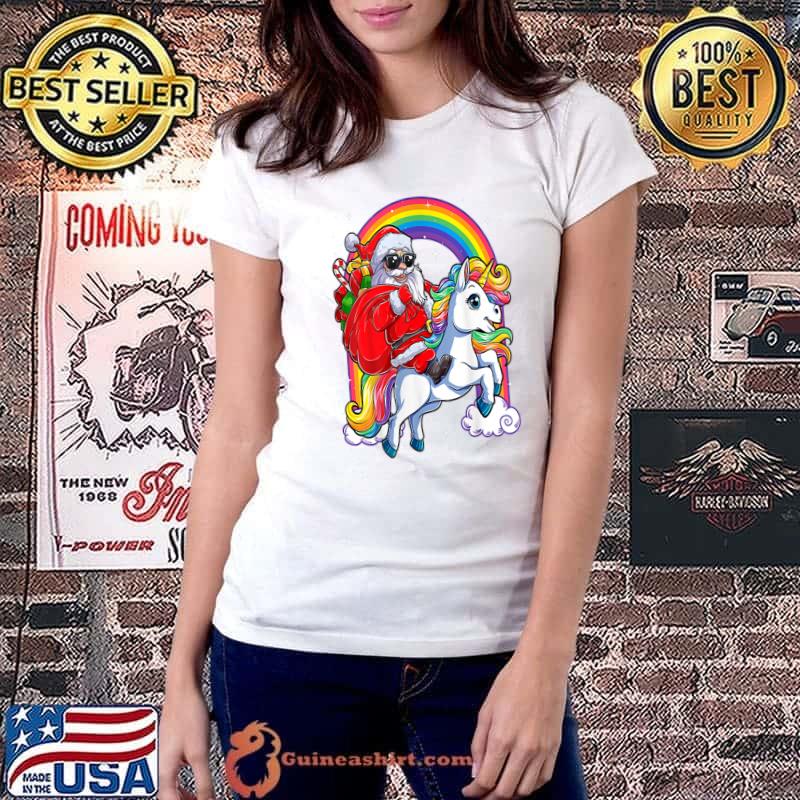 Christmas Santa Riding Unicorn Xmas T-Shirt Ladiestee
