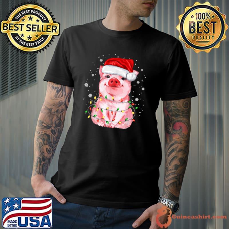 Cute Pig Tree Christmas Lights Funny Xmas Pajama Matching T Shirt Unisex