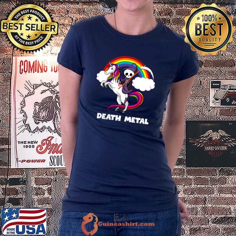 Death Metal Rock Music Rainbow Grim Reaper Riding Unicorn T-s Ladiestee