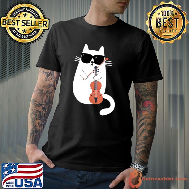 Funny Cat Wearing Sunglasses Playing Violin Viola Musician T-shirt