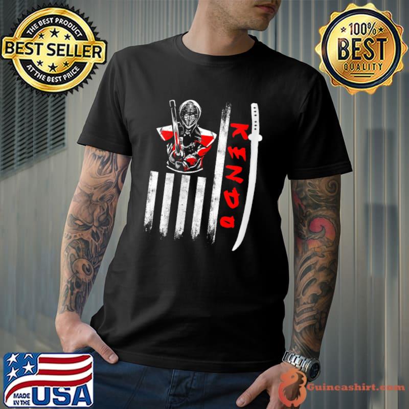 Funny kendo Japan Martial Arts USA American Flag Japanese Warrior Samurai T-Shirt