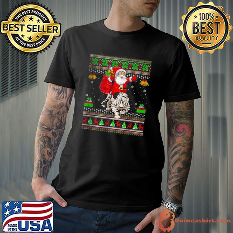 Funny Ugly Xmas Santa Claus Riding White Tiger Christmas T Shirt Unisex