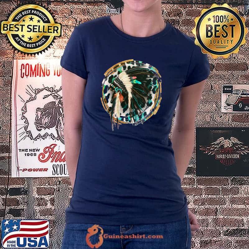 Funny western Boho Turquoise Leopard Indian Headdress T-Shirt Ladiestee