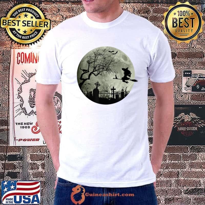 Halloween Moonlight Witch Flying Broomstick Bats Graveyard T-Shirt
