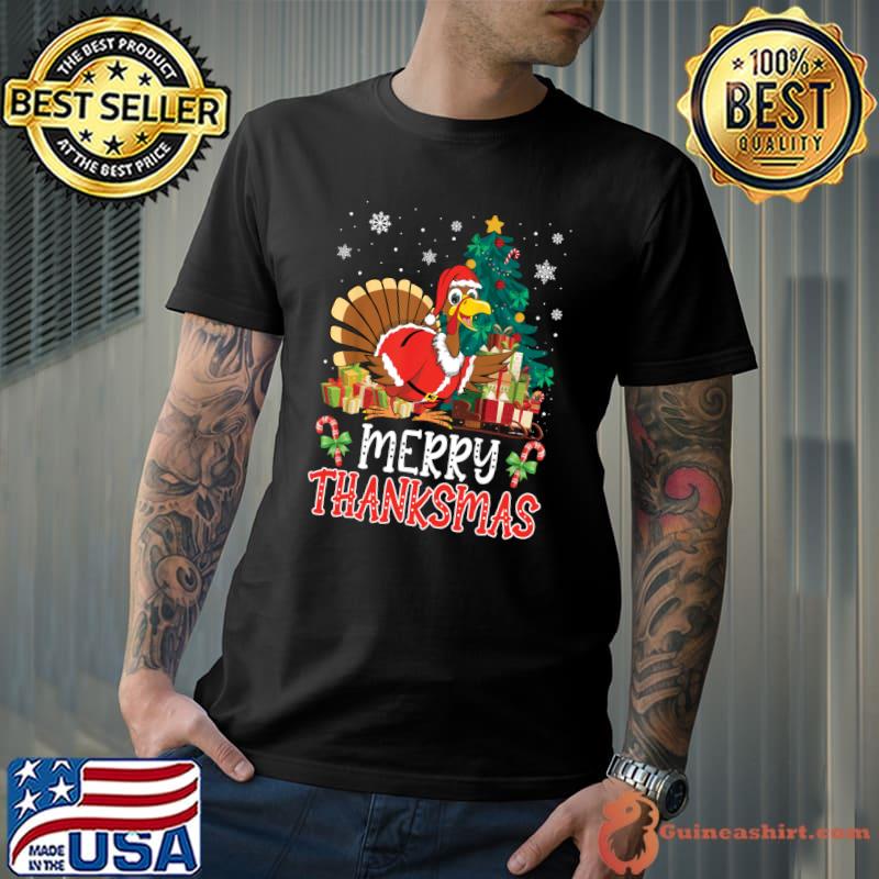 Merry Thanksmas Turkey Santa Christmas Tree Thanksgiving T-Shirt Unisex