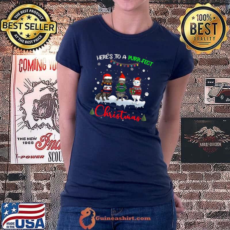 Nice Here's to a Purrrfect Christmas Happy Christmas Cat Graphic T-Shirt Ladiestee