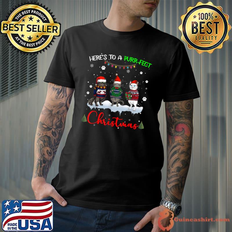 Nice Here's to a Purrrfect Christmas Happy Christmas Cat Graphic T-Shirt Unisex