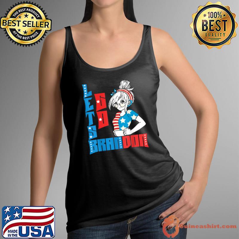 Nice let’s Go Brandon Womens Tshirt Messy Bun America Flag T Shirt Tank Top