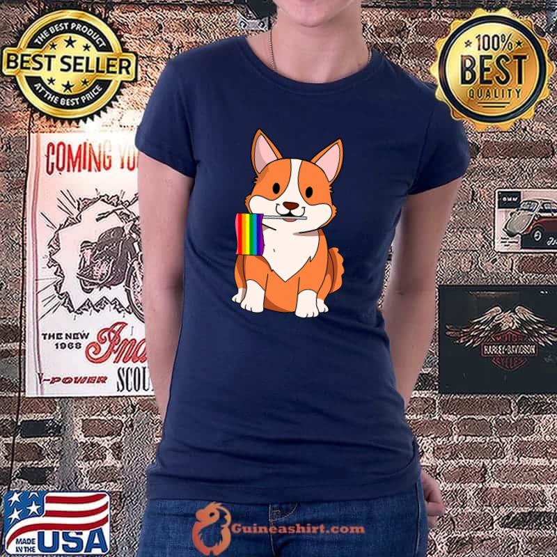 Nice lGBT Pride Cute Corgi Dog with rainbow flag Gay Lesbian love T-shirt