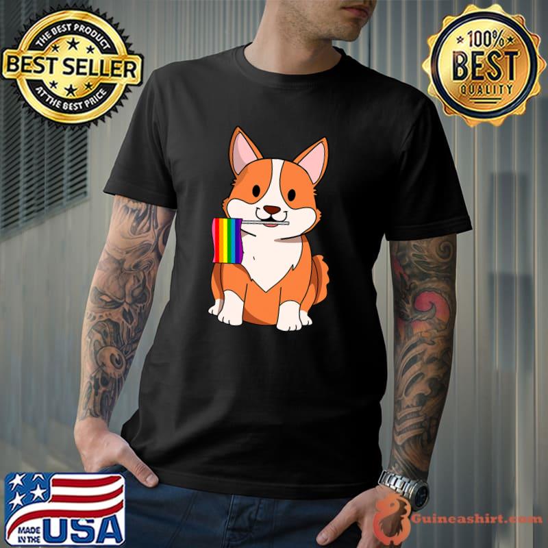 Nice lGBT Pride Cute Corgi Dog with rainbow flag Gay Lesbian love T-s Unisex