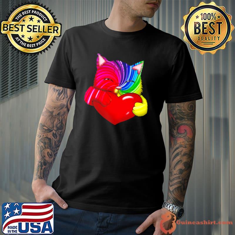 Official bunte Katze mit roten Herz Kunst Regenbogen Kater Pop Art Shirt