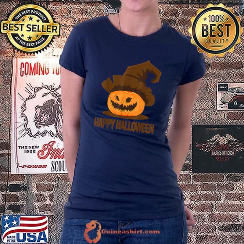 Official Jack O Lantern Pumpkin Face Happy Halloween Witch long hat T Shirt Ladiestee