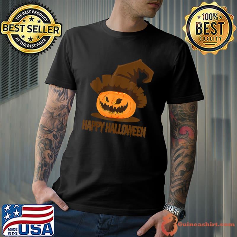 Official Jack O Lantern Pumpkin Face Happy Halloween Witch long hat T Shirt