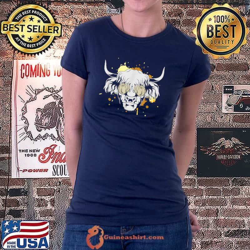 Original funny Farm Animal Cool Sunglasses Scottish Highland Cow T Shirt Ladiestee