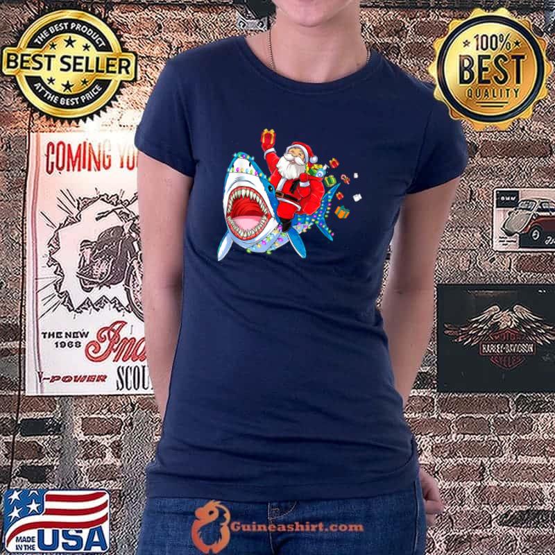 Original Merry Sharkmas Santa Riding Shark Christmas Pajama Sharks T Shirt Ladiestee