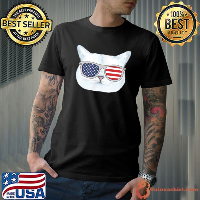 Patriotic Cat T-Shirt wearing American Flag Sunglasses T-Shirt