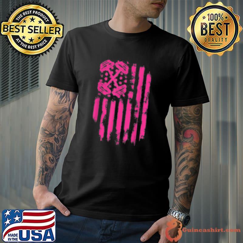 Pink Barbell American Flag Breast Cancer Awareness - Fitness T-Shirt