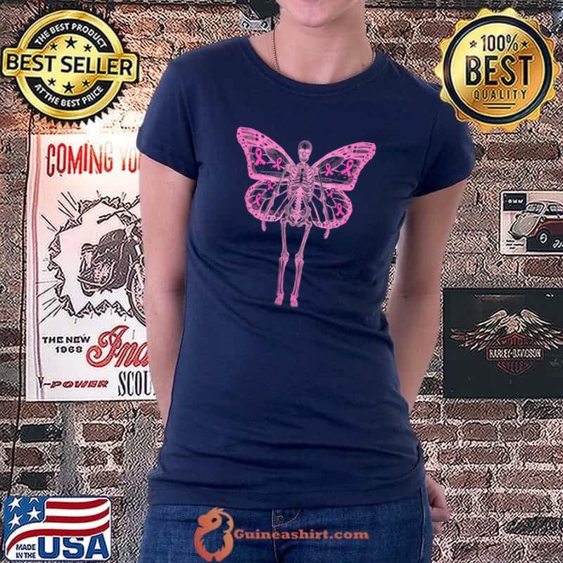 Pink Butterfly Skeleton Breast Cancer Awareness Halloween T-Shirt Ladiestee