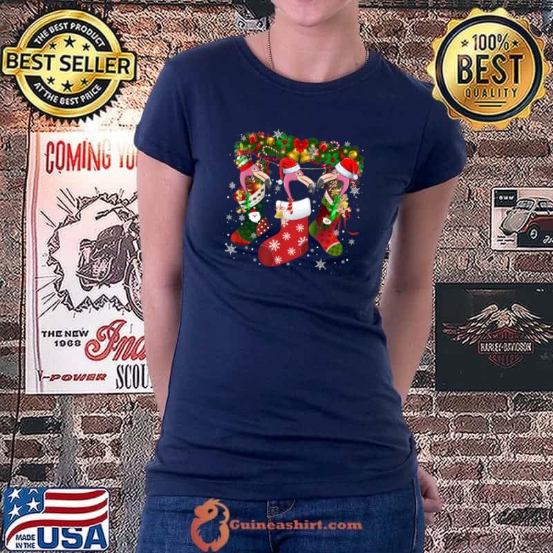 Three Flamingo In Sock Christmas Santa Hat Lover T-Shirt Ladiestee