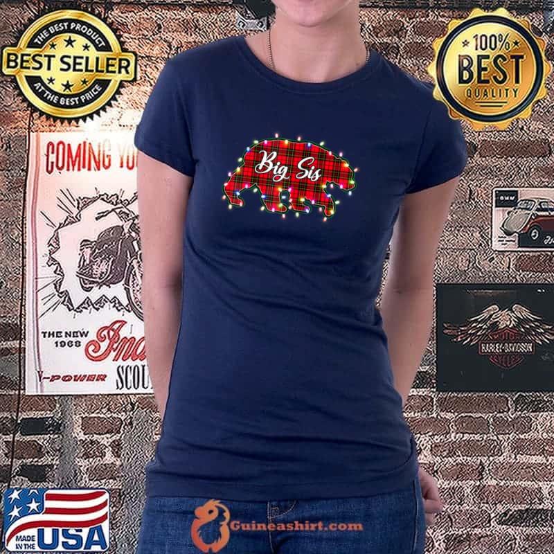 Top christmas Lights Pajama Matching Red Plaid Big Sis Bear T Shirt Ladiestee