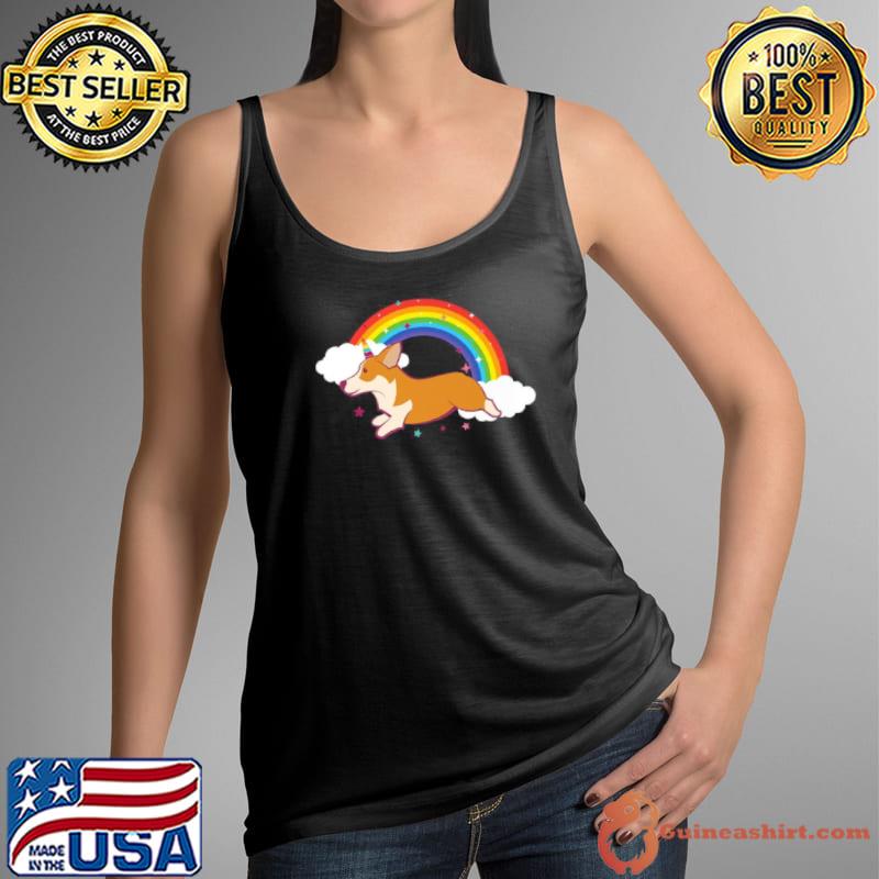 Top Tshirt Unicorn Corgi Jumps Beside Colorful Rainbow Shirt Tank Top