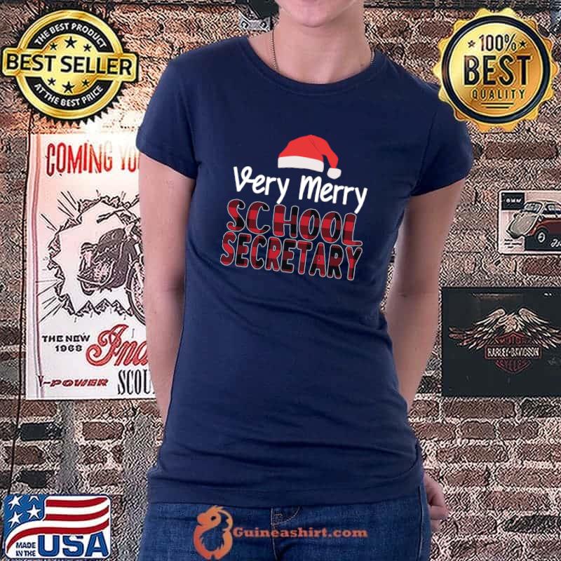 Very Merry School Secretary Santa Hat Festive School Admin T-Shirt Ladiestee