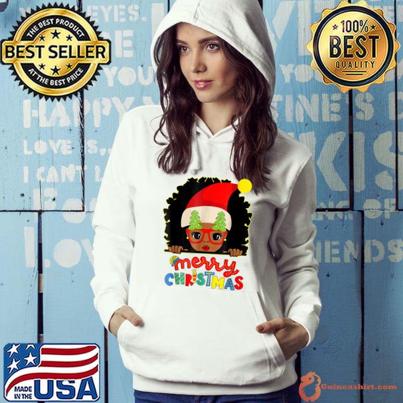 Cute Afro Black Girl Glasses Santa Melanin Merry Christmas T-Shirt