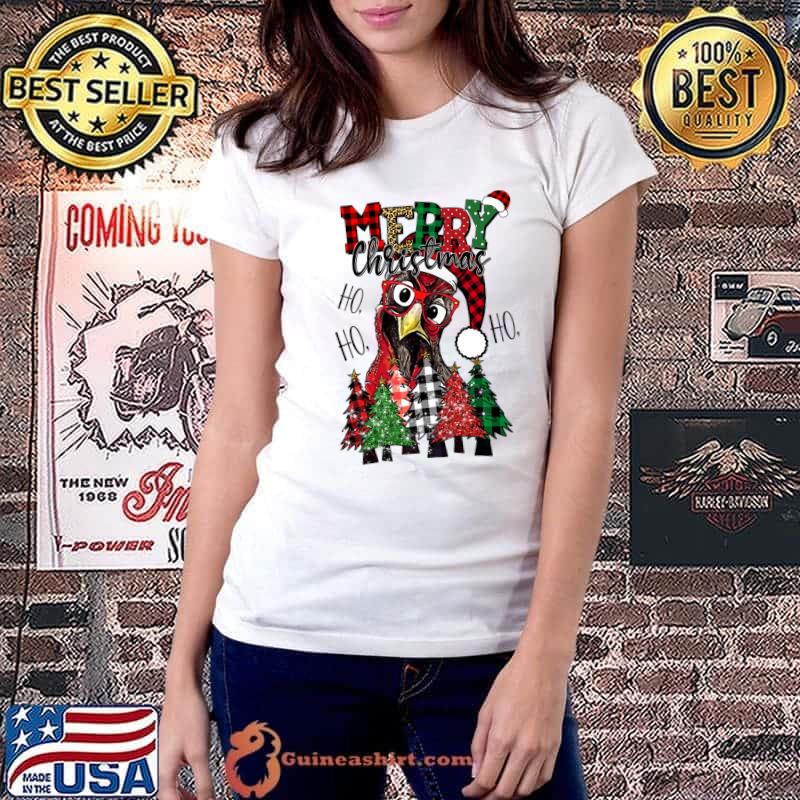 Funny HO HO HO Merry Christmas Chicken lover, Farmer Xmas Tree T- Ladiestee