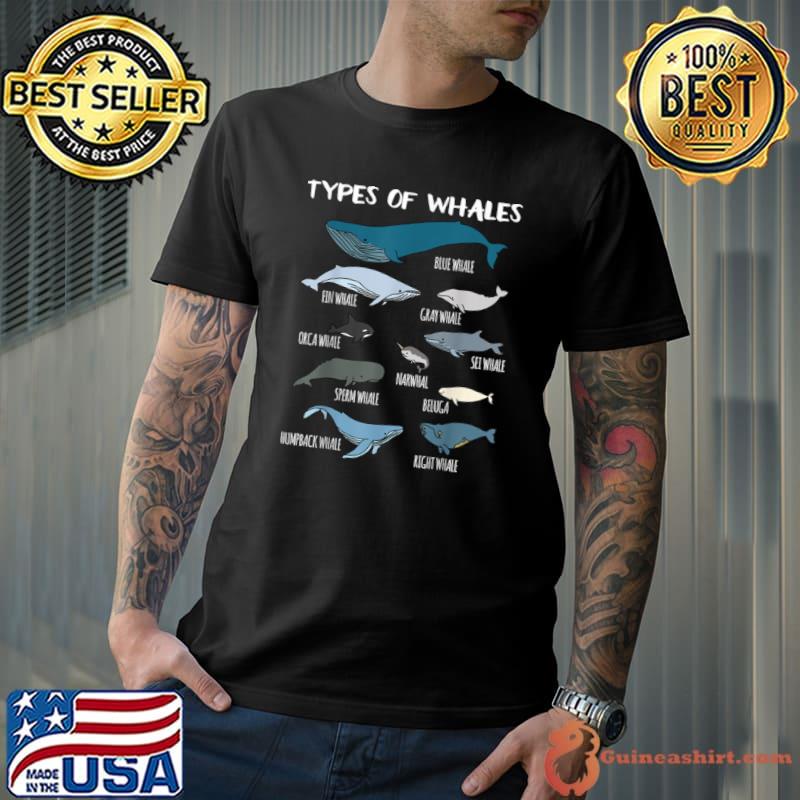 Funny Types Of Whales Cute Ocean Mammals Guide T Shirt