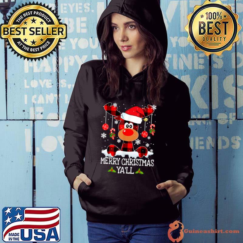 Merry Christmas Ya'll Buffalo Red Plaid Reindeer Santa Hat T-Shirt