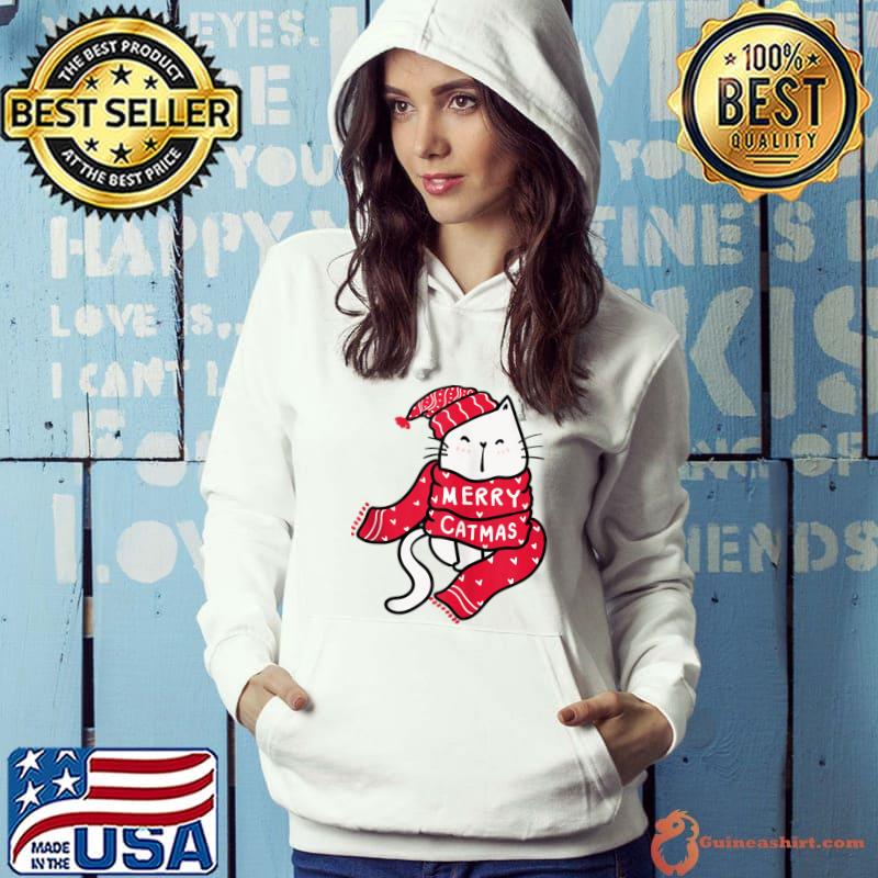 Nice Merry Catmas Xmas Funny Cat with Santa Hat and Scarf Cute T-Shirt
