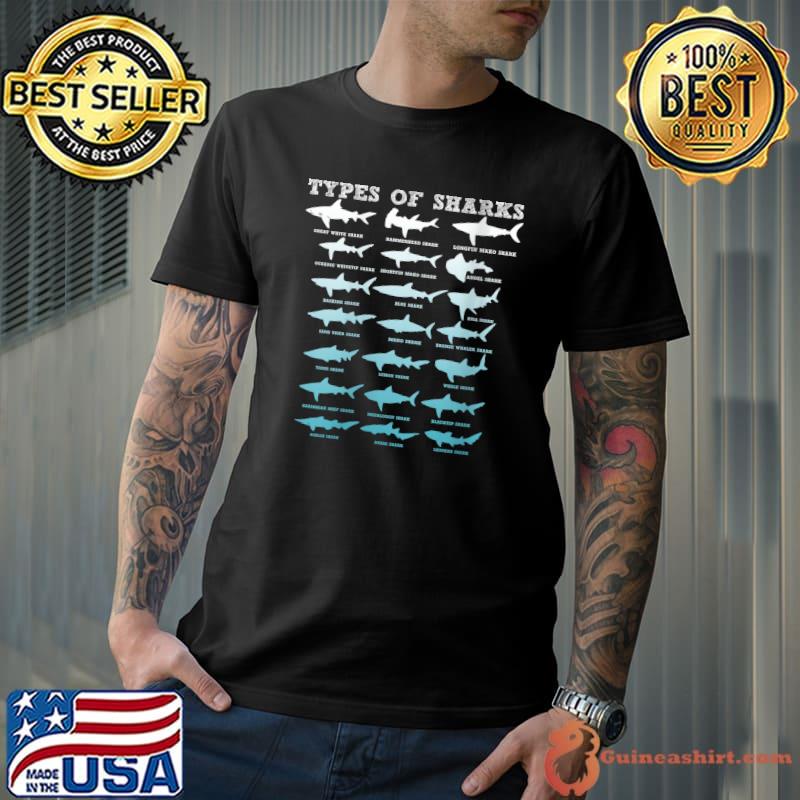 Original 21 Types of Sharks Marine Biology T-shirt