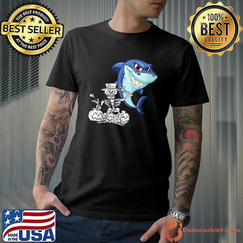 Premium Skeleton Riding Shark Funny Halloween Boys Girls Kids T-Shirt