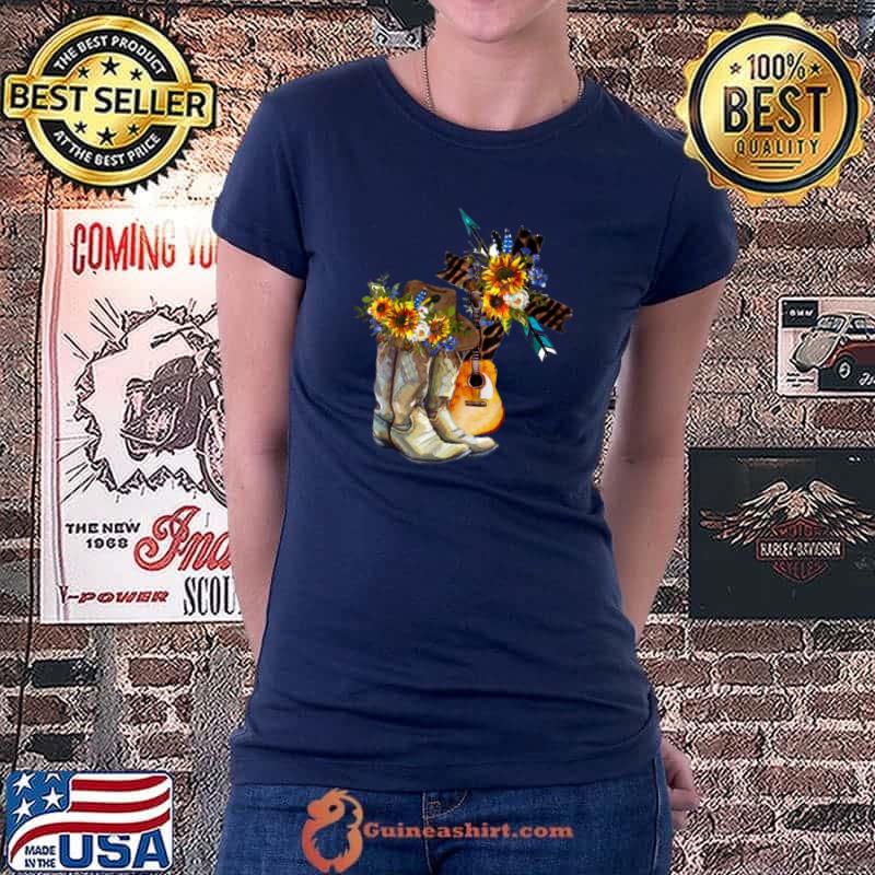 Premium Sunflower Cowboy Boots Hat Guitar Lovers Jesus Cross Cowgirl T Shirt