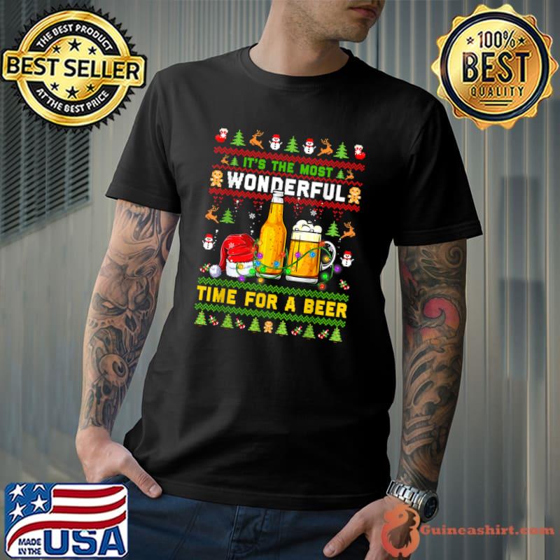 Top Its The Most Wonderful Time For A Beer Ugly Sweater Santa T-Shirt