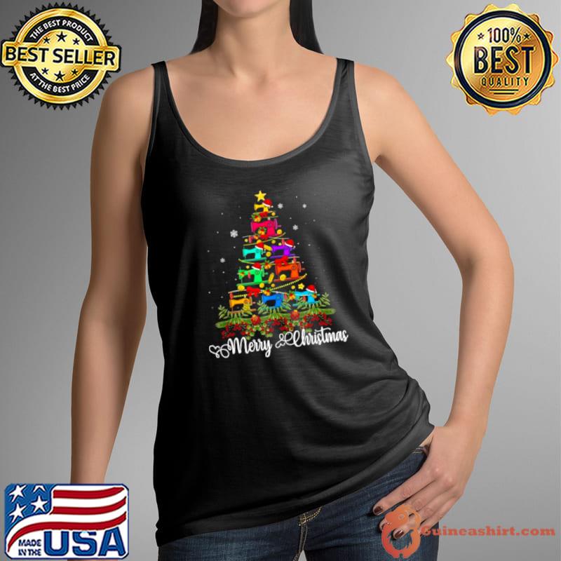 Top Merry Christmas Sewing Machine Christmas Tree Apparel Sweater Shirt Tank Top