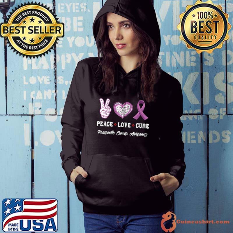 Top Peace Love cure Pancreatic cancer awareness T- Hoodie