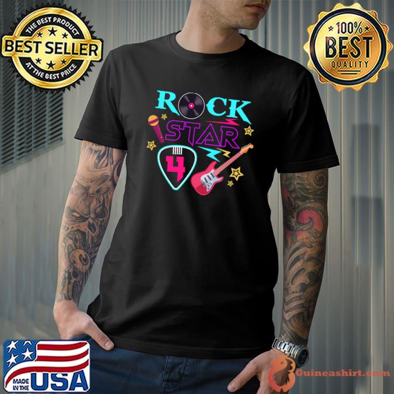 Top Rock Star 4th Birthday Party 4 Years Old Birthday Music T-shirt